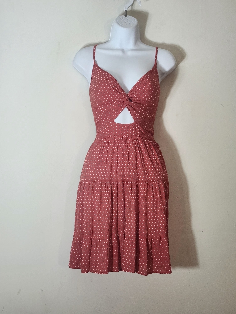 Angie  Polka dot, twist bodice with front cutout detail mini dress Size: M Color